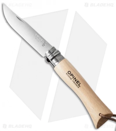Opinel Knives No 7 Stainless Steel Knife Beech Wood + Leather Lanyard (3" Satin) 3 Opinel Knives No 7 Stainless Steel Knife Beech Wood + Leather Lanyard (3" Satin)